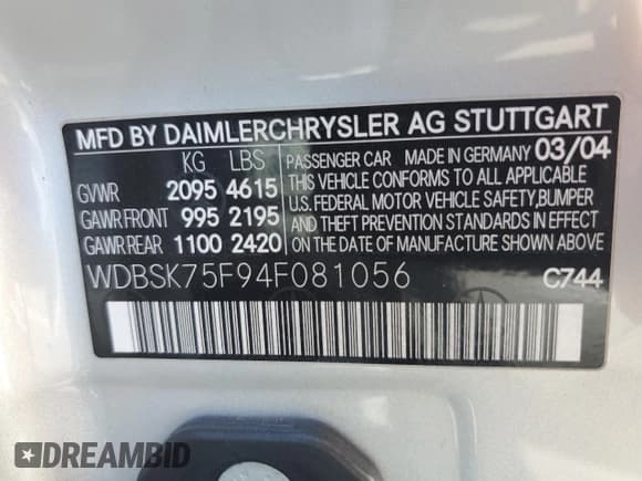 ✅ 2004 Mercedes-Benz SL 500 • VIN: WDBSK75F94F081056 • Лот: 68950454. Опубликован ранее на Copart с пробегом 194 345 миль. Бесплатный доступ к архиву аукционных продаж из США и подробный отчёт об истории автомобиля на DreamBid. Изображение 12.