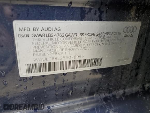 ✅ 2005 Audi A4 SE • VIN: WAULC68E25A078995 • Лот: 71750644. Опубликован ранее на Copart с пробегом 175 534 миль. Бесплатный доступ к архиву аукционных продаж из США и подробный отчёт об истории автомобиля на DreamBid. Изображение 12.