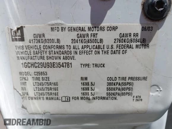 ✅ 2003 Chevrolet Silverado 2500HD LS • VIN: 1GCHC29U93E354781 • Lot: 42316975. Listed on IAAI with 360,412 mi. Free auction sales archive from the USA and detailed vehicle history report at DreamBid. Image 9.