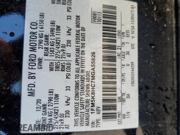 ✅ 2021 Ford Explorer Platinum • VIN: 1FM5K8HC7MGA55826 • Lot: 52320005. Wystawiony na Copart z przebiegiem 106 117 mil. Bezpłatny archiwum sprzedaży aukcyjnych z USA i szczegółowy raport historii pojazdu na DreamBid. Zdjęcie 13.