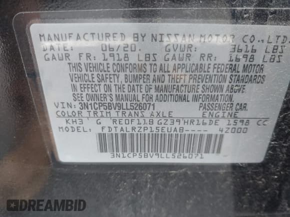 ✅ 2020 Nissan Kicks S • VIN: 3N1CP5BV9LL526071 • Lot: 43028457. Listed on IAAI with 58,783 mi. Free auction sales archive from the USA and detailed vehicle history report at DreamBid. Image 9.