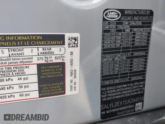 ✅ 2025 Land Rover Range Rover Velar Dynamic SE • VIN: SALYL2EX1SA394559 • Lot: 42262198. Listed on IAAI with 17,470 mi. Free auction sales archive from the USA and detailed vehicle history report at DreamBid. Image 9.