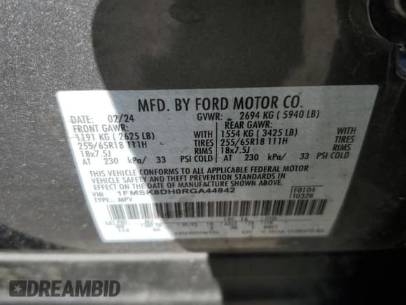 ✅ 2024 Ford Explorer XLT • VIN: 1FMSK8DH0RGA44842 • Lot: 69425005. Wystawiony na Copart z przebiegiem 54 472 mil. Bezpłatny archiwum sprzedaży aukcyjnych z USA i szczegółowy raport historii pojazdu na DreamBid. Zdjęcie 14.