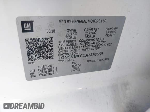 ✅ 2018 Chevrolet Tahoe LT • VIN: 1GNSKBKC1JR376569 • Lot: 43291898. Listed on IAAI with 121,871 mi. Free auction sales archive from the USA and detailed vehicle history report at DreamBid. Image 9.