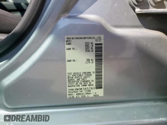 ✅ 2022 Nissan Altima SV • VIN: 1N4BL4DW2NN345763 • Lot: 84071835. Wystawiony na Copart z przebiegiem 55 345 mil. Bezpłatny archiwum sprzedaży aukcyjnych z USA i szczegółowy raport historii pojazdu na DreamBid. Zdjęcie 12.