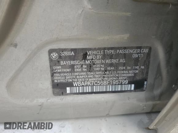 ✅ 2011 BMW 3 Series 328i xDrive • VIN: WBAPK7C56BF195799 • Lot: 91221335. Listed on Copart with 194,441 mi. Free auction sales archive from the USA and detailed vehicle history report at DreamBid. Image 12.