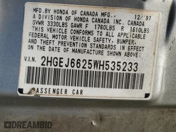 ✅ 1998 Honda Civic DX • VIN: 2HGEJ6625WH535233 • Lot: 84478615. Listed on Copart with 185,587 mi. Free auction sales archive from the USA and detailed vehicle history report at DreamBid. Image 13.