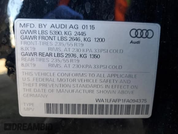 ✅ 2015 Audi Q5 Premium Plus • VIN: WA1LFAFP1FA094375 • Lot: 53404925. Listed on Copart with 80,730 mi. Free auction sales archive from the USA and detailed vehicle history report at DreamBid. Image 15.