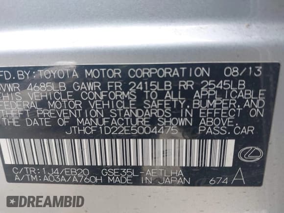 ✅ 2014 Lexus IS 250 • VIN: JTHCF1D22E5004475 • Lot: 41913779. Listed on IAAI with 113,113 mi. Free auction sales archive from the USA and detailed vehicle history report at DreamBid. Image 9.