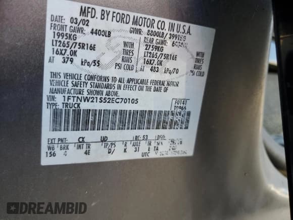 ✅ 2002 Ford F-250 XL • VIN: 1FTNW21S52EC70105 • Lot: 48531175. Listed on Copart with 257,759 mi. Free auction sales archive from the USA and detailed vehicle history report at DreamBid. Image 13.