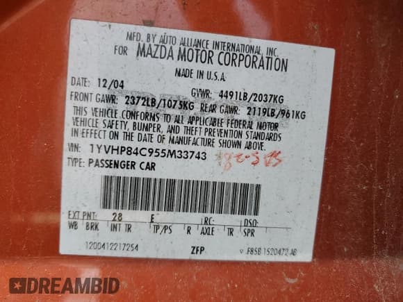 ✅ 2005 Mazda 6 Sport • VIN: 1YVHP84C955M33743 • Lot: 83498924. Listed on Copart with Not provided. Free auction sales archive from the USA and detailed vehicle history report at DreamBid. Image 12.