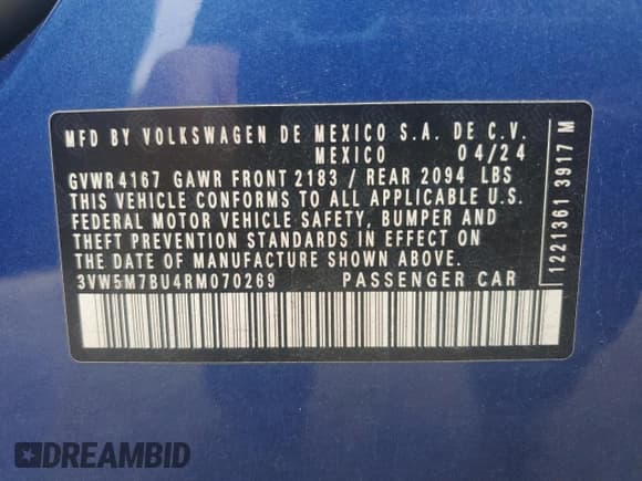 ✅ 2024 Volkswagen Jetta S • VIN: 3VW5M7BU4RM070269 • Лот: 93508925. Опубликован ранее на Copart с пробегом 36 460 миль. Бесплатный доступ к архиву аукционных продаж из США и подробный отчёт об истории автомобиля на DreamBid. Изображение 12.