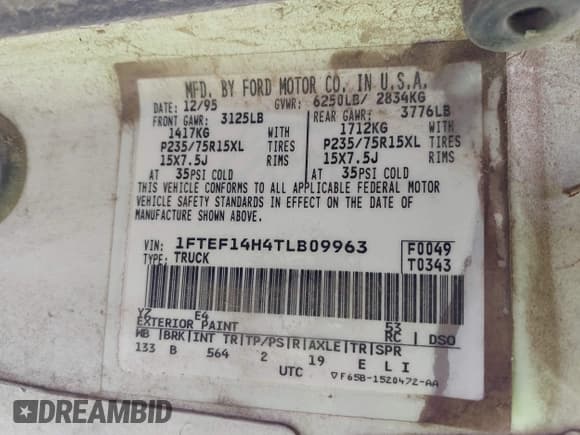 ✅ 1996 Ford F-150 • VIN: 1FTEF14H4TLB09963 • Лот: 43125951. Опубликован ранее на IAAI с пробегом 143 323 миль. Бесплатный доступ к архиву аукционных продаж из США и подробный отчёт об истории автомобиля на DreamBid. Изображение 9.