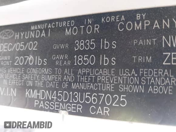 2003 Hyundai Elantra GLS with VIN KMHDN45D13U567025, listed as a IAAI auction lot 43400927 with 123,580 mi miles and . Bid and sale history available at DreamBid. Image 9.