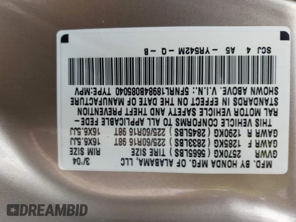 ✅ 2004 Honda Odyssey EX-L • VIN: 5FNRL18984B085040 • Lot: 43727073. Wystawiony na IAAI z przebiegiem 238 489 mil. Bezpłatny archiwum sprzedaży aukcyjnych z USA i szczegółowy raport historii pojazdu na DreamBid. Zdjęcie 9.