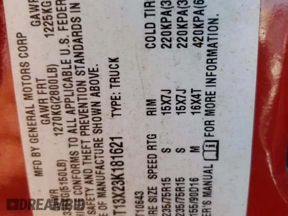 ✅ 2003 Chevrolet S-10 LS • VIN: 1GCDT13X23K181621 • Лот: 70681464. Опубликован ранее на Copart с пробегом 103 506 миль. Бесплатный доступ к архиву аукционных продаж из США и подробный отчёт об истории автомобиля на DreamBid. Изображение 12.