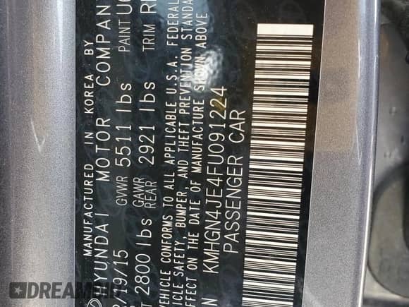 2015 Hyundai Genesis 3.8L with VIN KMHGN4JE4FU091224, listed as a Copart auction lot 69748745 with 144,775 mi miles and Salvage title. Bid and sale history available at DreamBid. Image 12.