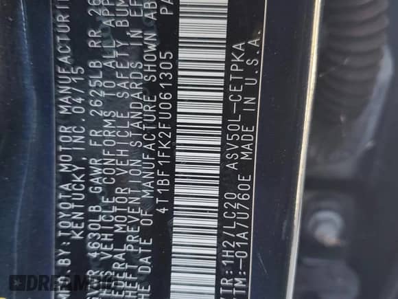 2015 Toyota Camry SE с VIN 4T1BF1FK2FU061305, выставлен на аукционе Copart как лот 90738185 с пробегом 120 125 миль миль и На запчасти • Non repairable. История ставок и продаж доступна на DreamBid. Изображение 12.