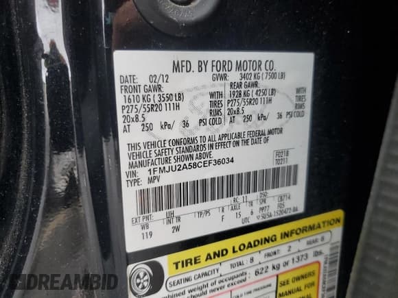 ✅ 2012 Ford Expedition Limited • VIN: 1FMJU2A58CEF36034 • Lot: 58597515. Listed on Copart with 139,671 mi. Free auction sales archive from the USA and detailed vehicle history report at DreamBid. Image 13.