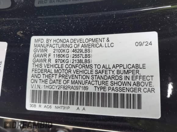 2024 Honda Accord Touring с VIN 1HGCY2F82RA097189, выставлен на аукционе IAAI как лот 43290065 с пробегом 8 952 миль миль и . История ставок и продаж доступна на DreamBid. Изображение 9.