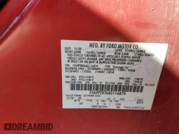 ✅ 2010 Ford Taurus SHO • VIN: 1FAHP2KT6AG116870 • Lot: 86299695. Listed on Copart with 131,443 mi. Free auction sales archive from the USA and detailed vehicle history report at DreamBid. Image 12.