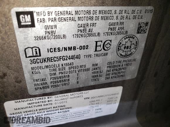 ✅ 2015 Chevrolet Silverado 1500 LT • VIN: 3GCUKREC5FG244640 • Lot: 92819565. Listed on Copart with 166,182 mi. Free auction sales archive from the USA and detailed vehicle history report at DreamBid. Image 12.