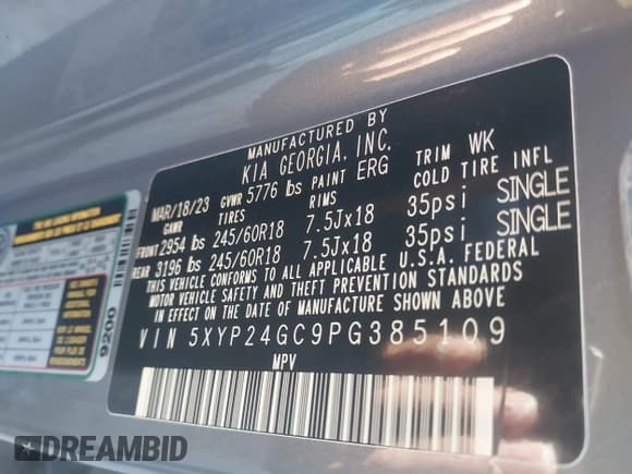 ✅ 2023 Kia Telluride LX • VIN: 5XYP24GC9PG385109 • Lot: 41956214. Listed on IAAI with 40,923 mi. Free auction sales archive from the USA and detailed vehicle history report at DreamBid. Image 9.