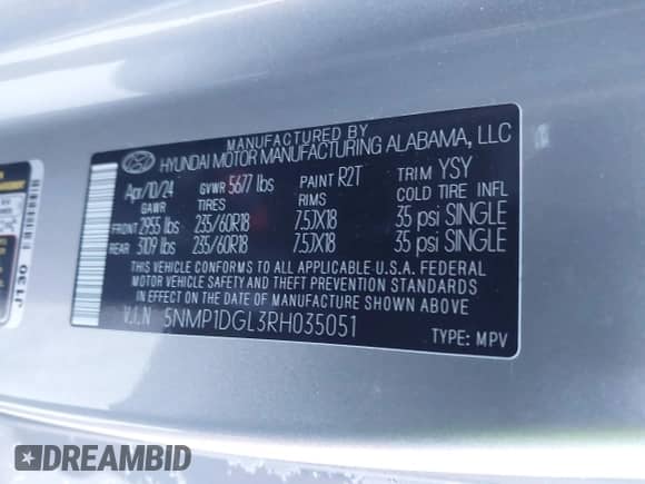 2024 Hyundai Santa Fe SE с VIN 5NMP1DGL3RH035051, выставлен на аукционе IAAI как лот 41009239 с пробегом 13 345 миль миль и . История ставок и продаж доступна на DreamBid. Изображение 9.