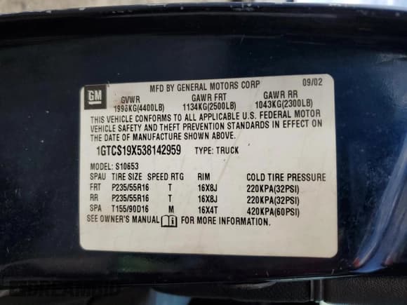 ✅ 2003 GMC Sonoma SLS • VIN: 1GTCS19X538142959 • Lot: 59761935. Wystawiony na Copart z przebiegiem 364 780 mil. Bezpłatny archiwum sprzedaży aukcyjnych z USA i szczegółowy raport historii pojazdu na DreamBid. Zdjęcie 12.