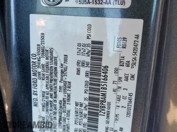 ✅ 2011 Ford Mustang V6 • VIN: 1ZVBP8AM1B5166406 • Lot: 86176825. Listed on Copart with 186,127 mi. Free auction sales archive from the USA and detailed vehicle history report at DreamBid. Image 12.