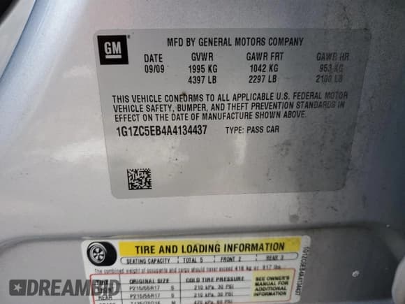 ✅ 2010 Chevrolet Malibu 1LT • VIN: 1G1ZC5EB4A4134437 • Lot: 38661934. Listed on Copart with 187,989 mi. Free auction sales archive from the USA and detailed vehicle history report at DreamBid. Image 12.