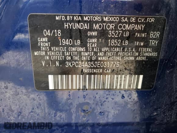 2018 Hyundai Accent SEL z VIN 3KPC24A35JE031776, wystawiony jako Copart lot #52627424 z przebiegiem 64 534 mil mil oraz Szkoda całkowita • Salvage title. Historia ofert i sprzedaży dostępna na DreamBid. Obrazek 12.