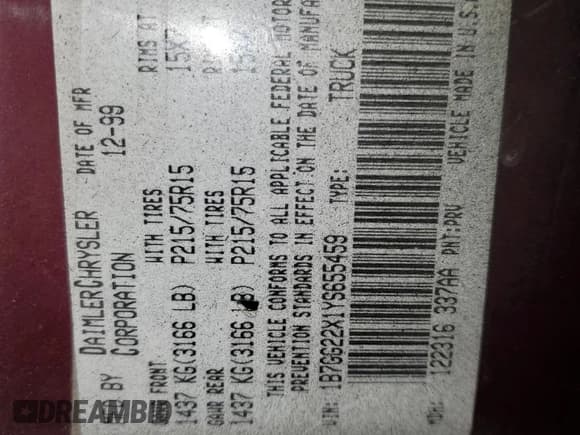 ✅ 2000 Dodge Dakota SLT • VIN: 1B7GG22X1YS655459 • Lot: 84569564. Wystawiony na Copart z przebiegiem 240 478 mil. Bezpłatny archiwum sprzedaży aukcyjnych z USA i szczegółowy raport historii pojazdu na DreamBid. Zdjęcie 12.