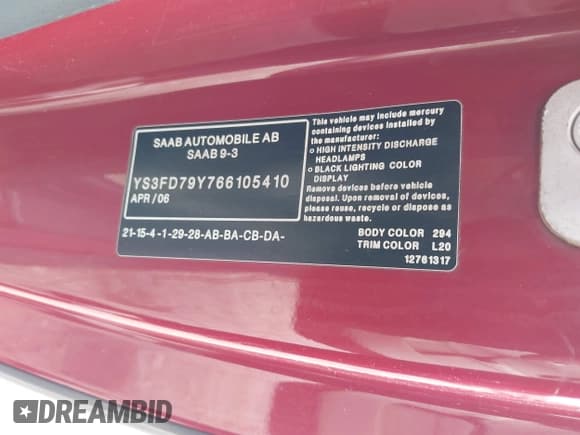 ✅ 2006 Saab 9-3 • VIN: YS3FD79Y766105410 • Lot: 42106636. Wystawiony na IAAI z przebiegiem 125 590 mil. Bezpłatny archiwum sprzedaży aukcyjnych z USA i szczegółowy raport historii pojazdu na DreamBid. Zdjęcie 9.