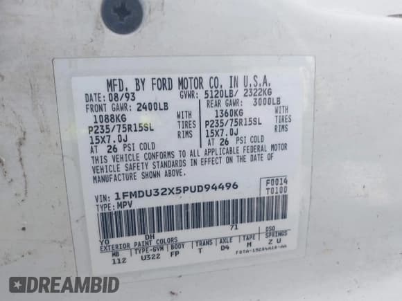 ✅ 1993 Ford Explorer Eddie Bauer • VIN: 1FMDU32X5PUD94496 • Лот: 42494424. Опубликован ранее на IAAI с пробегом 26 047 миль. Бесплатный доступ к архиву аукционных продаж из США и подробный отчёт об истории автомобиля на DreamBid. Изображение 9.