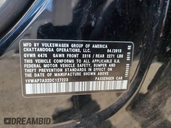 ✅ 2013 Volkswagen Passat Wolfsburg Edition • VIN: 1VWAP7A32DC127223 • Lot: 56851585. Listed on Copart with 203,342 mi. Free auction sales archive from the USA and detailed vehicle history report at DreamBid. Image 13.