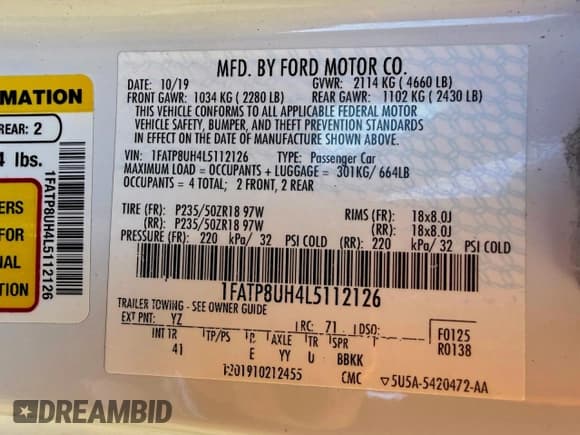 ✅ 2020 Ford Mustang EcoBoost Premium • VIN: 1FATP8UH4L5112126 • Лот: 96627595. Опубликован ранее на Copart с пробегом 88 417 миль. Бесплатный доступ к архиву аукционных продаж из США и подробный отчёт об истории автомобиля на DreamBid. Изображение 10.