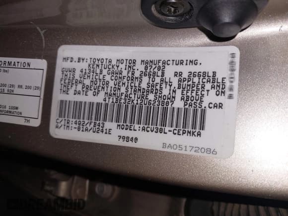 ✅ 2002 Toyota Camry LE • VIN: 4T1BE32K12U623807 • Lot: 43529281. Listed on IAAI with 184,368 mi. Free auction sales archive from the USA and detailed vehicle history report at DreamBid. Image 9.