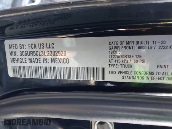 ✅ 2020 Ram 2500 Tradesman • VIN: 3C6UR5CL3LG302920 • Lot: 43472776. Wystawiony na IAAI z przebiegiem 143 535 mil. Bezpłatny archiwum sprzedaży aukcyjnych z USA i szczegółowy raport historii pojazdu na DreamBid. Zdjęcie 9.