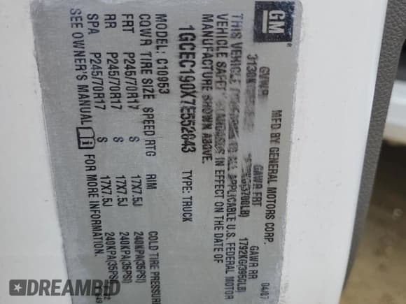 ✅ 2007 Chevrolet Silverado 1500 Work Truck • VIN: 1GCEC190X7E552043 • Lot: 67195035. Listed on Copart with Not provided. Free auction sales archive from the USA and detailed vehicle history report at DreamBid. Image 12.