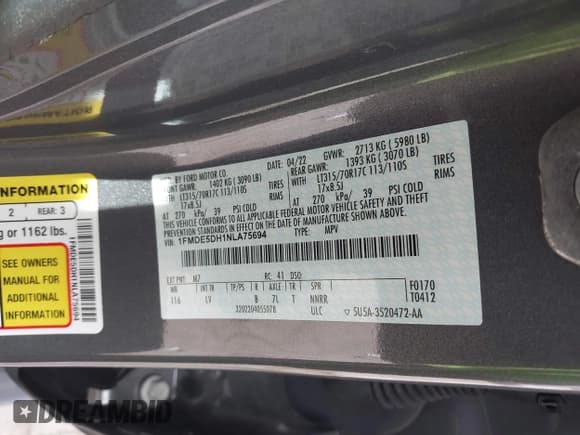 ✅ 2022 Ford Bronco • VIN: 1FMDE5DH1NLA75694 • Lot: 42149382. Listed on IAAI with 48,834 mi. Free auction sales archive from the USA and detailed vehicle history report at DreamBid. Image 9.