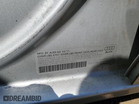 ✅ 2011 Audi A4 • VIN: WAUEFBFL5BN050221 • Lot: 67807745. Listed on Copart with 158,797 mi. Free auction sales archive from the USA and detailed vehicle history report at DreamBid. Image 12.