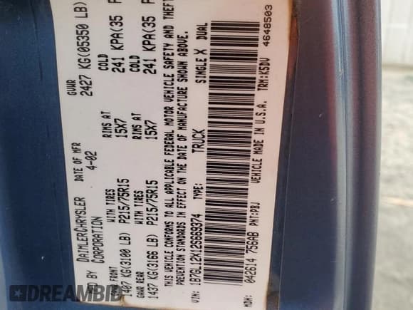 ✅ 2002 Dodge Dakota • VIN: 1B7GL12X12S669374 • Lot: 81964605. Wystawiony na Copart z przebiegiem 71 608 mil. Bezpłatny archiwum sprzedaży aukcyjnych z USA i szczegółowy raport historii pojazdu na DreamBid. Zdjęcie 12.