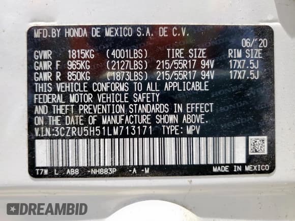 ✅ 2020 Honda HR-V EX • VIN: 3CZRU5H51LM713171 • Лот: 65922475. Опубликован ранее на Copart с пробегом 1 201 миль. Бесплатный доступ к архиву аукционных продаж из США и подробный отчёт об истории автомобиля на DreamBid. Изображение 14.