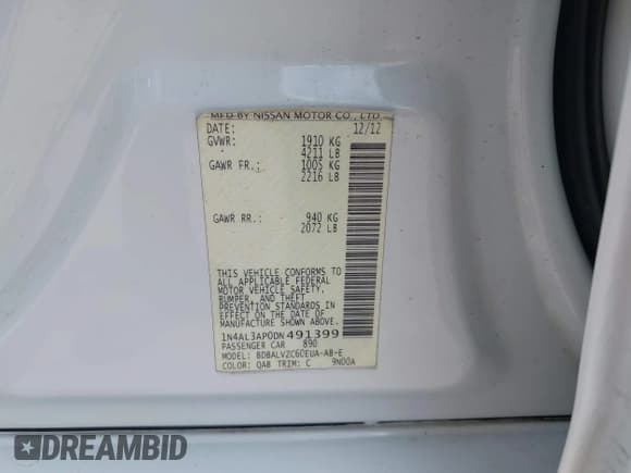 ✅ 2013 Nissan Altima SL • VIN: 1N4AL3AP0DN491399 • Лот: 42399913. Опубликован ранее на IAAI с пробегом 196 010 миль. Бесплатный доступ к архиву аукционных продаж из США и подробный отчёт об истории автомобиля на DreamBid. Изображение 9.