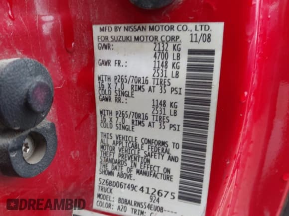 ✅ 2009 Suzuki Equator • VIN: 5Z6BD06T49C412675 • Lot: 41707318. Wystawiony na IAAI z przebiegiem 140 840 mil. Bezpłatny archiwum sprzedaży aukcyjnych z USA i szczegółowy raport historii pojazdu na DreamBid. Zdjęcie 9.