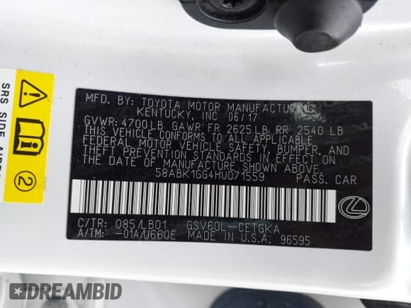 ✅ 2017 Lexus ES 350 • VIN: 58ABK1GG4HU071559 • Lot: 43571495. Listed on IAAI with 84,627 mi. Free auction sales archive from the USA and detailed vehicle history report at DreamBid. Image 9.