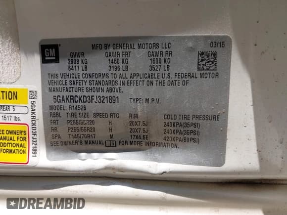 ✅ 2015 Buick Enclave Premium • VIN: 5GAKRCKD3FJ321891 • Lot: 42686466. Listed on IAAI with 450,843 mi. Free auction sales archive from the USA and detailed vehicle history report at DreamBid. Image 9.