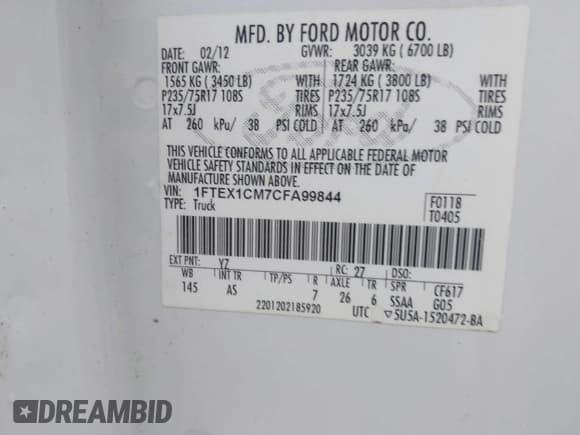 ✅ 2012 Ford F-150 XL • VIN: 1FTEX1CM7CFA99844 • Lot: 41995415. Listed on IAAI with 210,334 mi. Free auction sales archive from the USA and detailed vehicle history report at DreamBid. Image 9.