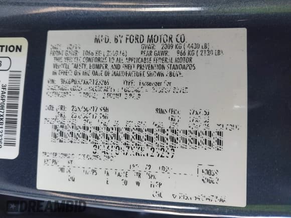 ✅ 2019 Ford Fusion SE • VIN: 3FA6P0H7XKR123269 • Lot: 43136153. Listed on IAAI with 133,309 mi. Free auction sales archive from the USA and detailed vehicle history report at DreamBid. Image 9.